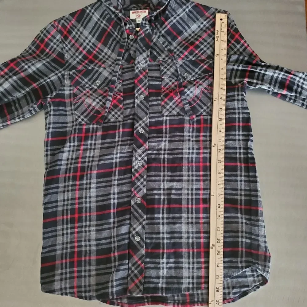True Religion Mens Plaid Utility Hoodie Black Red Hooded Flannel Shirt Small